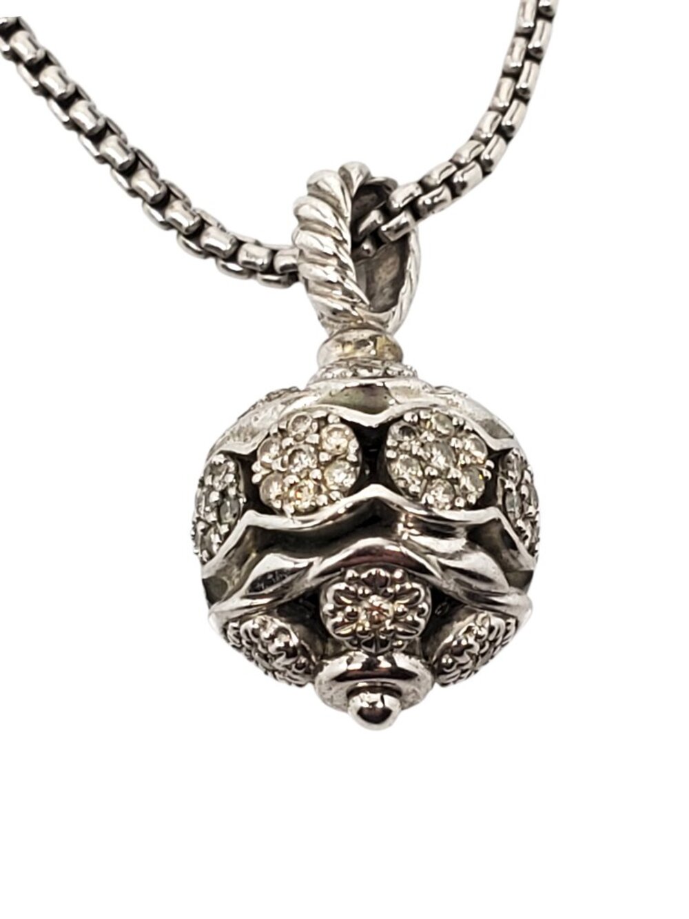 David Yurman Sterling Silver Diamond Ball Pendant Necklace #24391